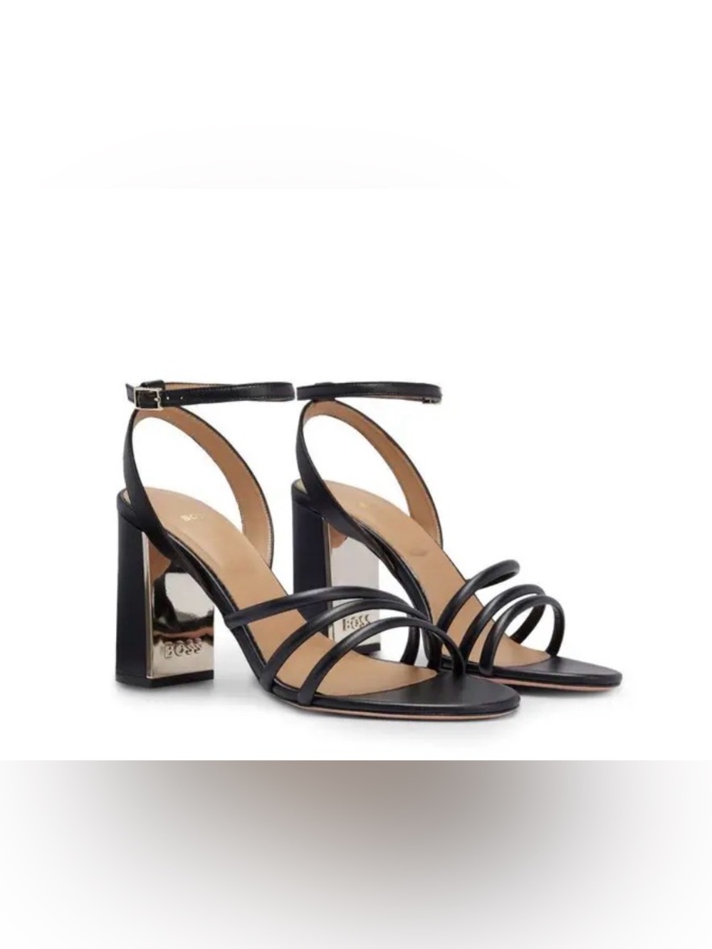 Hugo Boss Black Leather Strappy Sandals with Gold Block Heel